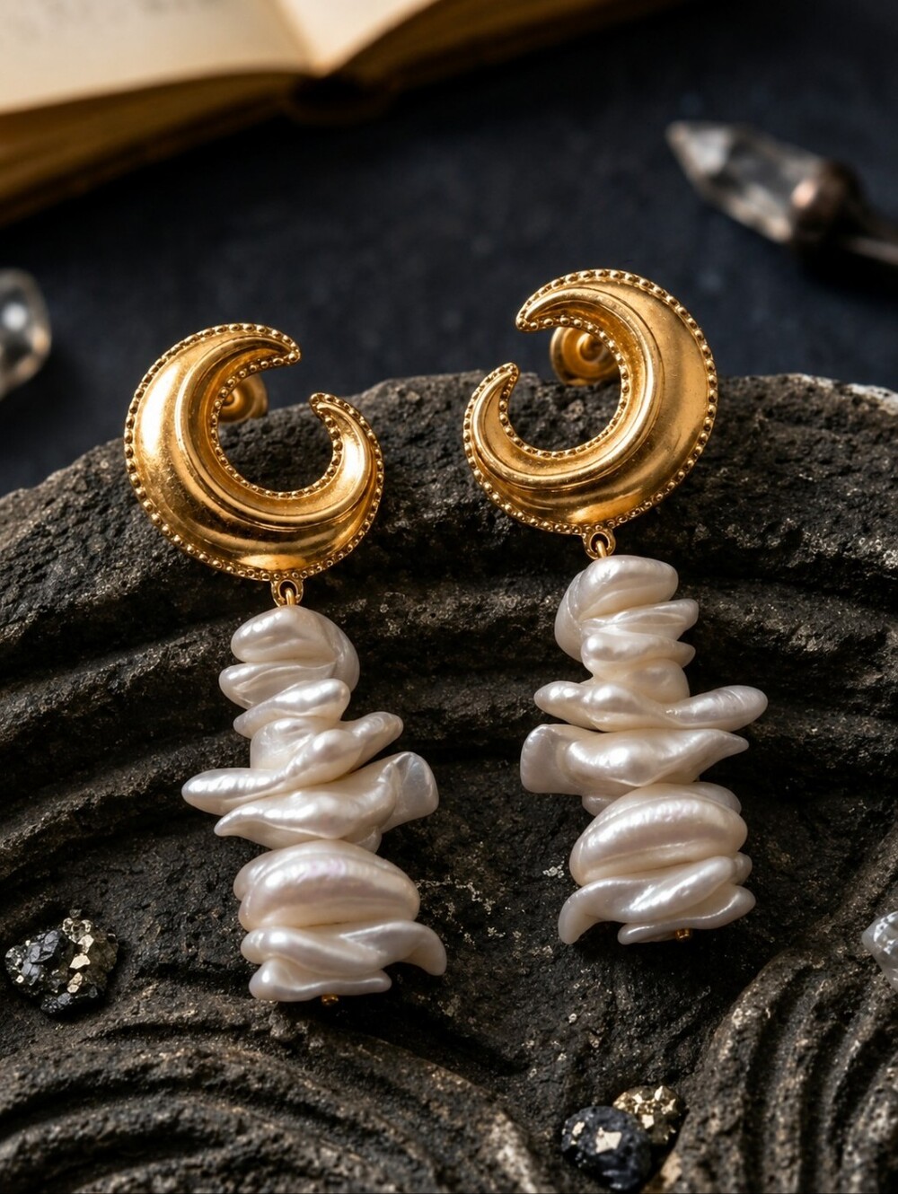 Crescent Moon Baroque Pearl Drop Earrings 18K Gold Plated Celestial Boho Chic 2"